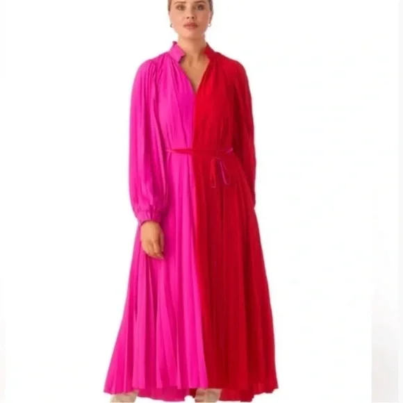 CROSBY by Mollie Burch Vibrant Pink and Red Pleated Belted Valentines Midi Dress - Picture 3 of 6